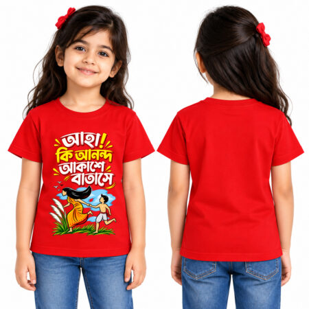 Aha Ki Anondo Akashe Batashe Red Color Cotton Round Neck T shirt