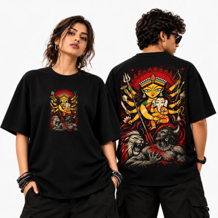 Durga Durgati Nashini Black Color Bengali Graphic Printed Over Sized T-shirt