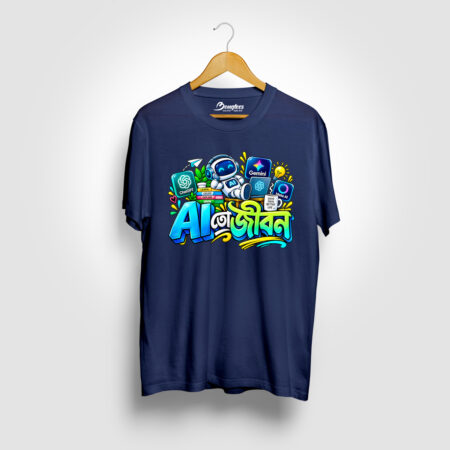AI To Jibon Navy Blue Graphic Printed T-shirt